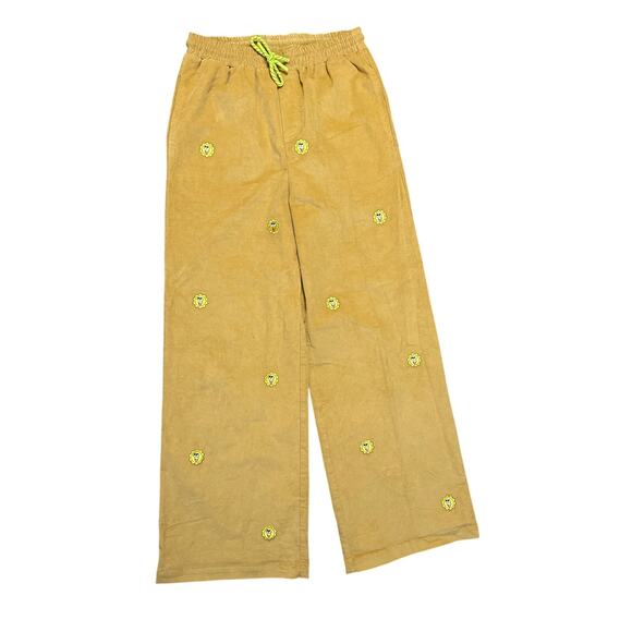 Lazy Oaf Golden Yellow Corduroy Wide Leg Sunshine Embroidered Pants Size 4 - Picture 3 of 9